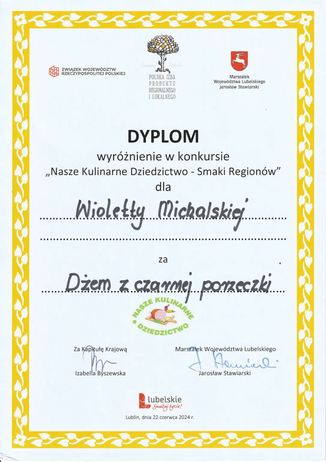 Dyplom dżem z czarnej porzeczki domowe przetwory