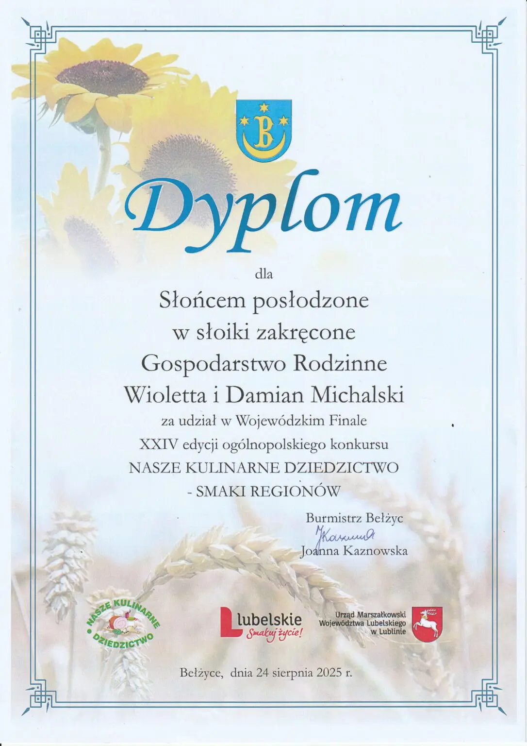 Dyplom nasze kulinarne dziedzictwo domowe przetwory