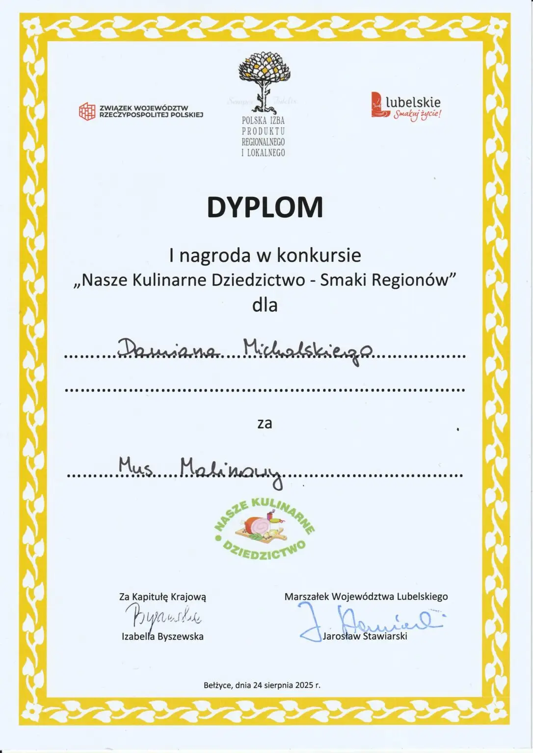 Dyplom Mus malinowy domowe przetwory