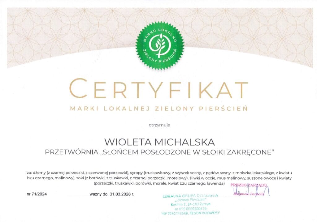 Certyfikat dżemy domowe przetwory