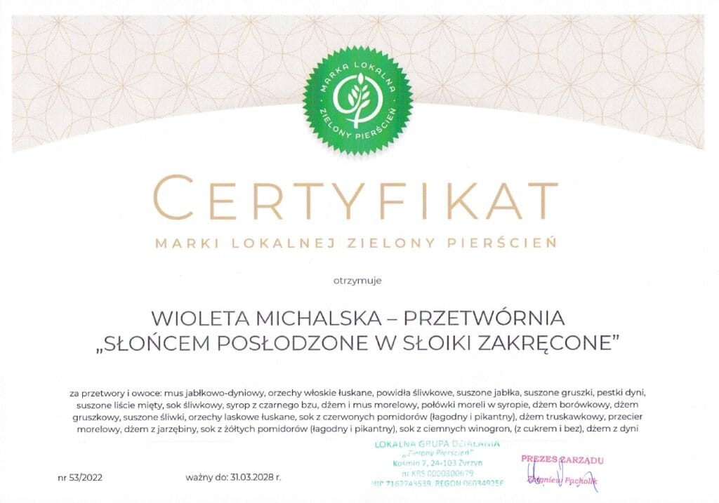 Certyfikat przetwory i owoce