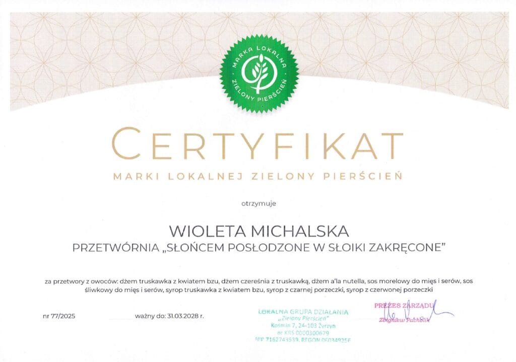 Certyfikat przetwory z owoców
