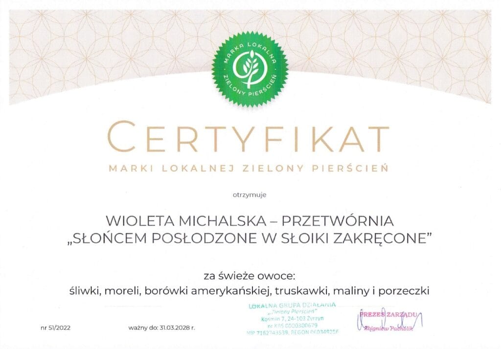 Certyfikat świeże owoce domowe przetwory